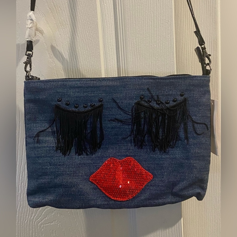 NEW NWOT Betseyville Betsey Johnson SEQUIN Eyelashes Denim Face Crossbody Purse